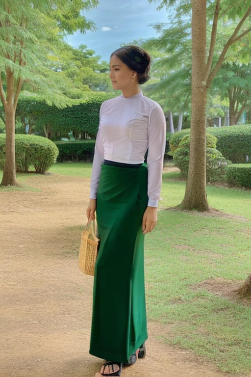 A school teacher is 60years old.Tall, thin, big hips, big breasts, blonde hair, small lips, blue eyes, attractive, 64K.Top=white Burmese blouse,With long sleeves,Buttoned at the side.Bottom=(Dark green) long skirt.
Footwear=female Burmese sandals,The hair is knotted bun.European.Nun Headpiece.