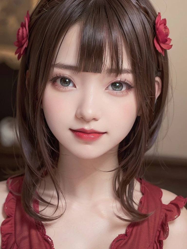(masterpiece),(highest quality:1.0), (Ultra-high resolution:1.0), Detail view, 8k, anime, One girl, beautiful anime girl, Wearing a red dress, Flower Crown, Pretty face, Detailed face, Beautiful Eyes, Fine grain, Dark red eyes, Bright red lips, Red lipstick, Beautiful and stylish hair, Hair highlights, bangs anime style, highest quality, Vibrant,smile