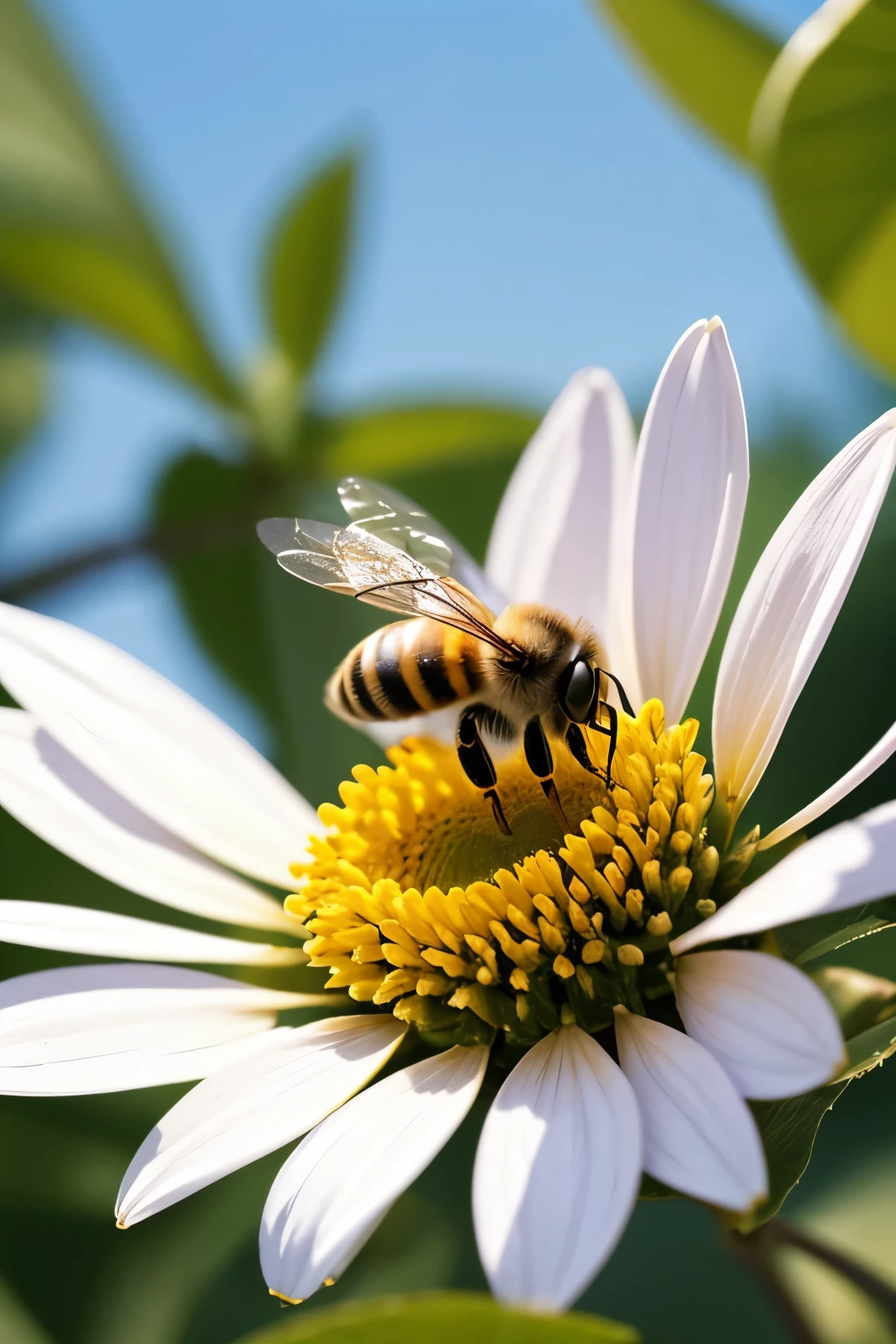 Create a detailed photo of a bee pollinating, gently landing on a flower. The lighting should be provided by sunlight, highlighting the natural beauty of the scene. The background should be blurred, emphasizing the bee and the flower, and creating a soft, pleasing depth effect.