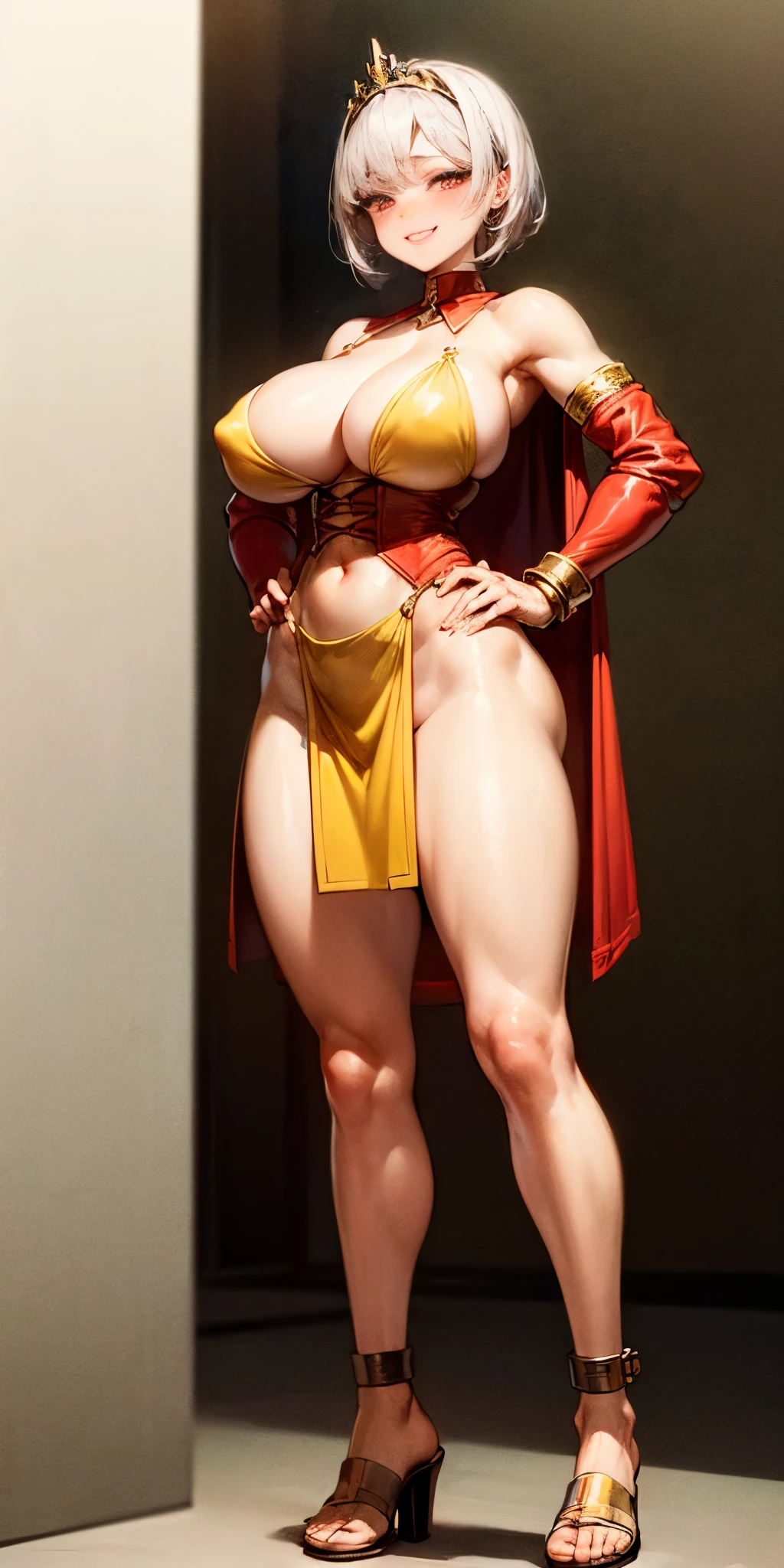 ((PLAIN BACKGROUND,1:2, masterpiece)), full body MILF BIMBO standing with two long thighs and two metal sandals, red eyes, silver white hair, short bob style hair, big breasts, cleavage, separate sleeves, tiara royal, long cape up to two feet, yellow bikini, hands on waist, navel, lustful smirking smiling, smile face (red blushed, red cheeks), metal shoulders, gold sleeveless armbands, black leather choker slave collar, shackle bracelets, sex slave red crest, pauldrons, breastplate, corset, eye focus, full body, whole body. 1solo . slave fighter, loincloth standing, hands on hips, metal sandals, backpack, choker, big belt, view from below, feet together, bracers, tiara)