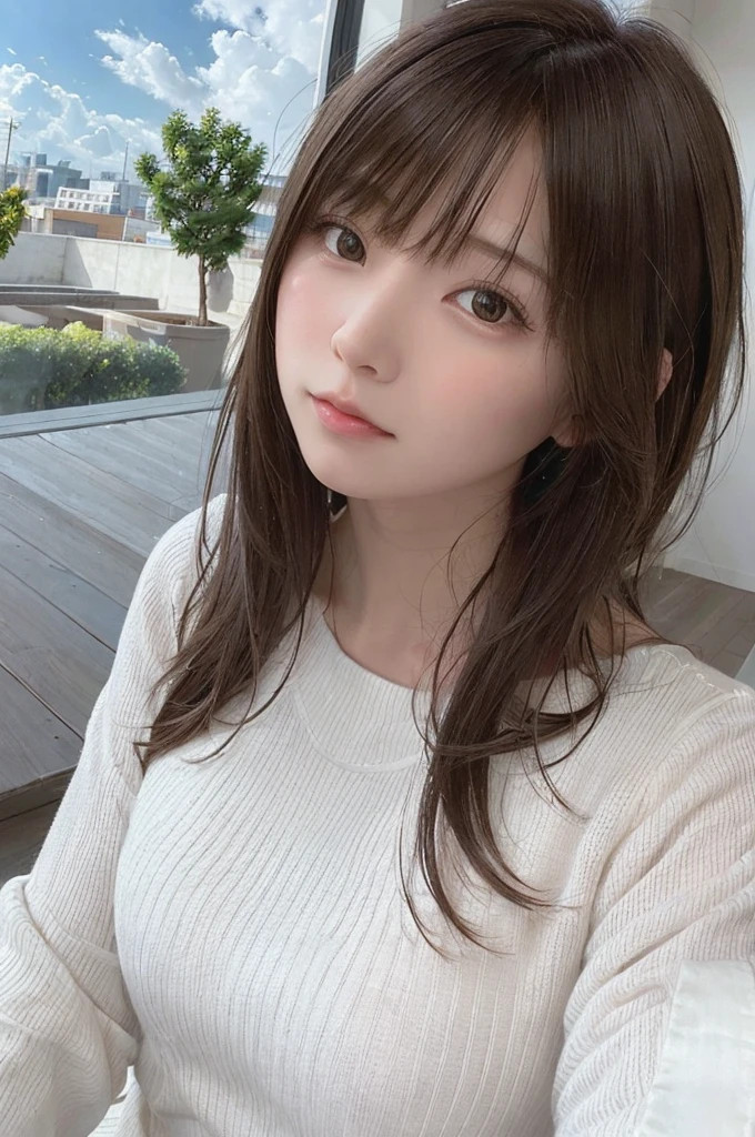 (alone:1.3)), One girl, highest quality, Genuineistic, Realistic, highest quality, masterpiece, Very delicate and beautiful, Very detailed, (Selfie:1.2), The finer details, Super detailed, High resolution, Very detailed, Genuineistic, Ultra High resolution, highest quality, Ultra High resolution, (Genuine:1.4), High-quality texture, Wear a thin white summer knit, On the roof, bangs, Long Hair , Afternoon Light, Wonderful sky and clouds