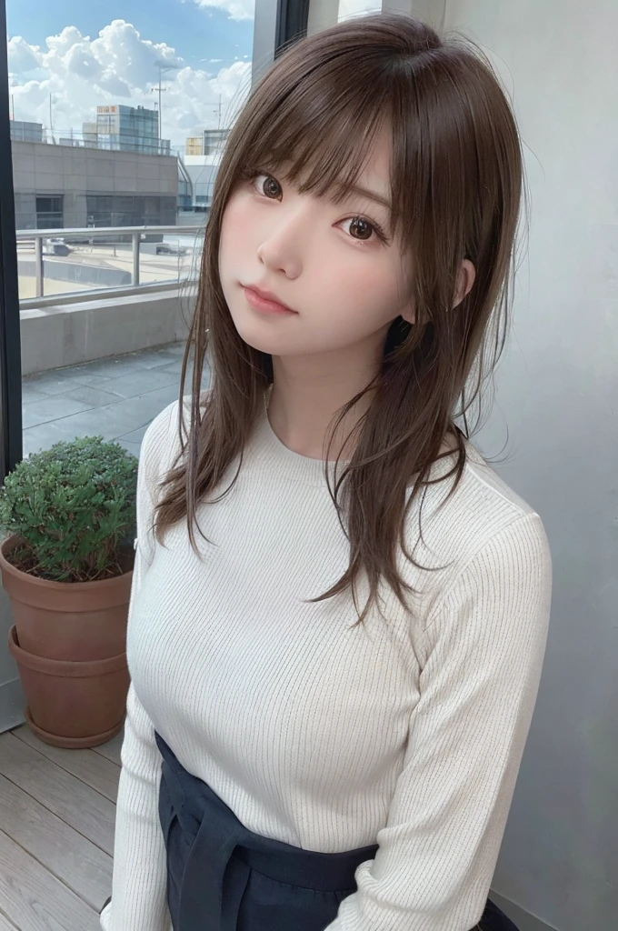 (alone:1.3)), One girl, highest quality, Genuineistic, Realistic, highest quality, masterpiece, Very delicate and beautiful, Very detailed, (Selfie:1.2), The finer details, Super detailed, High resolution, Very detailed, Genuineistic, Ultra High resolution, highest quality, Ultra High resolution, (Genuine:1.4), High-quality texture, Wear a thin white summer knit, On the roof, bangs, Long Hair , Afternoon Light, Wonderful sky and clouds