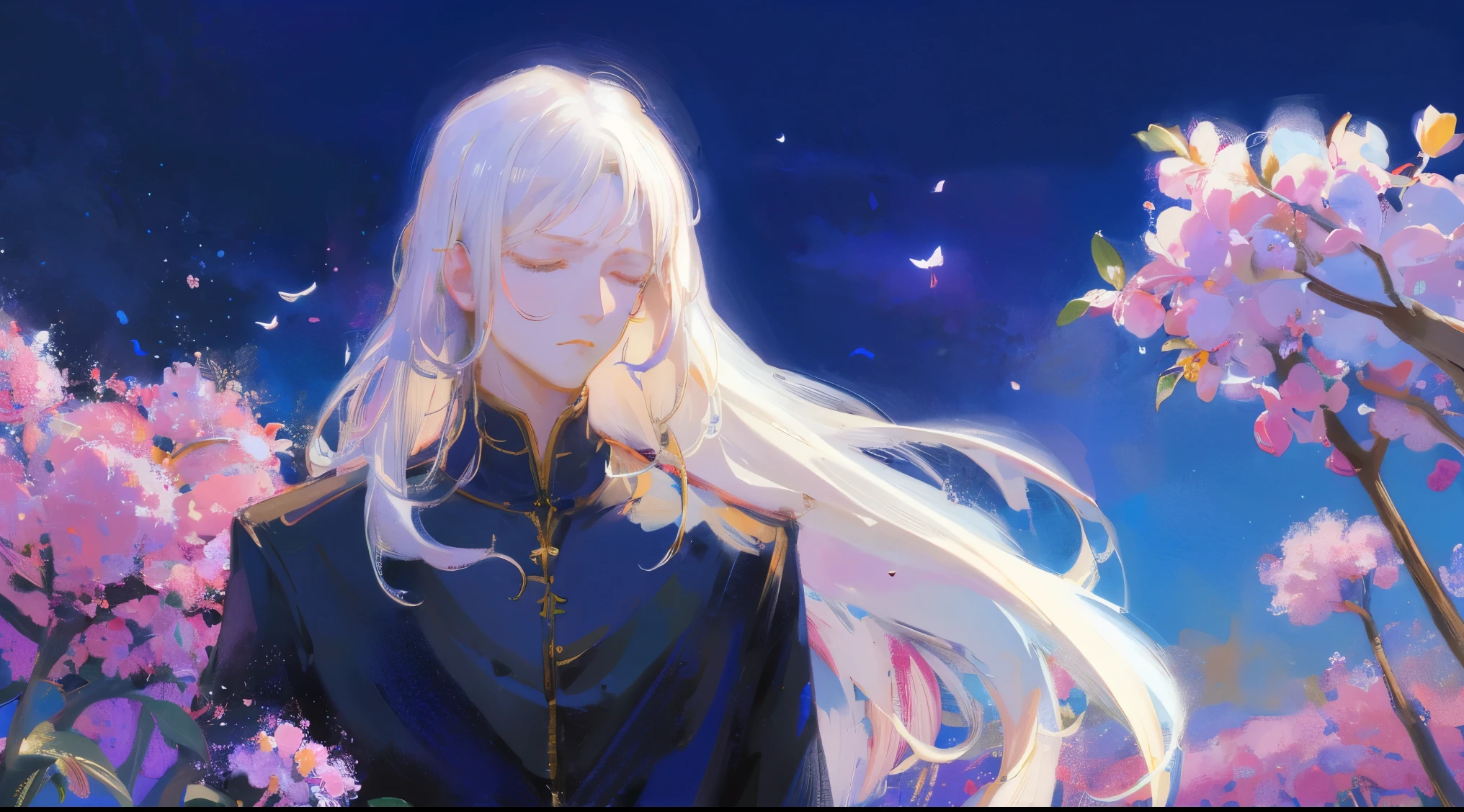 Boy, White hair, bob hair, closed eyes, sad look, Expensive suit, background field of flowers, Art Style, drawing, painting.
