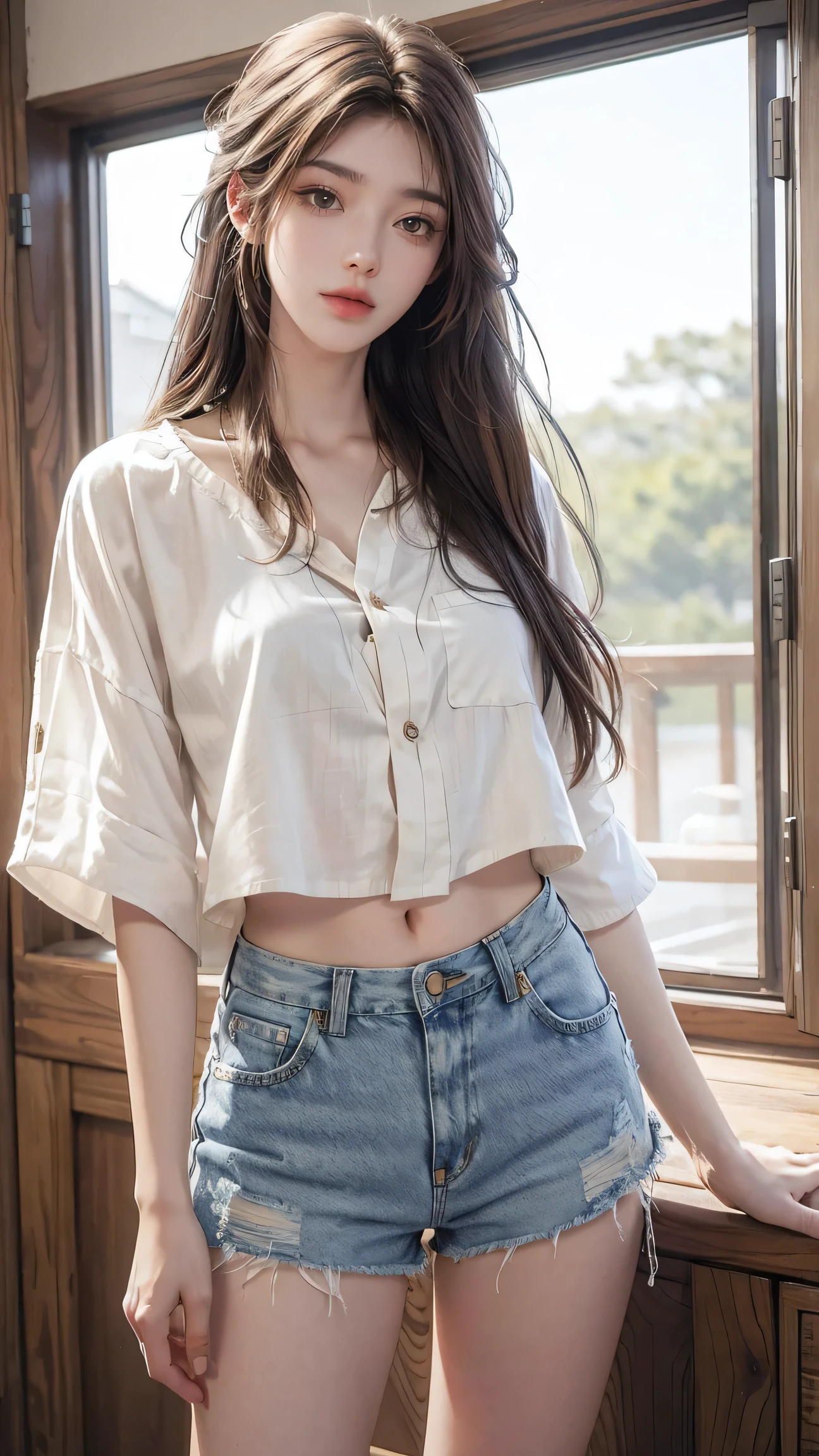 realistic, high resolution, 1 girl, long hair, korean,, loose white shirt, skinny denim shorts,, thighs, panties visible,