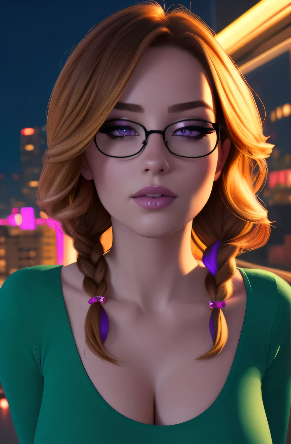 (best quality,4k,8k,highres,masterpiece:1.2),ultra-detailed,(realistic,photorealistic,photo-realistic:1.37),portrait,night scene,skyscraper,modern apartment,city view,sexy woman,green shirt,long sleeves,cleavage,collarbone,glasses,brown hair,purple eyes,single braid,yellow hair ornament,young female,beautiful fingers,long legs,beautiful body,beautiful nose,character design,perfect eyes,perfect face,expressive eyes,looking at viewer,center of the image,upper body,focusing on her face,large breasts,narrow waist,city night time,amazing,evening,fantasy,neon lights,dramatic shadows,vibrant colors,reflections,ambient lighting,moody atmosphere.