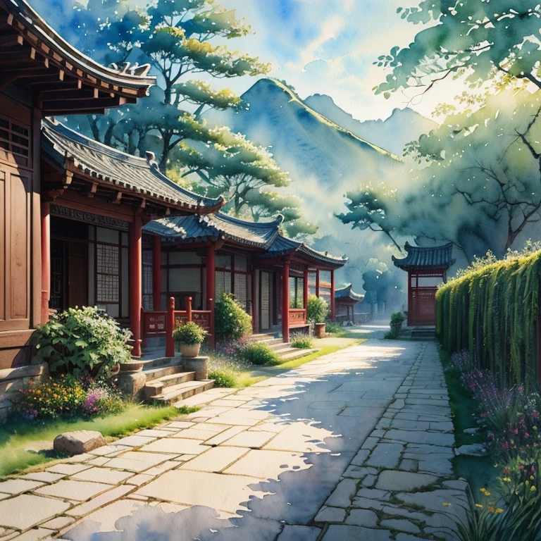 (Watercolor Landscape:1.4), ancient chinese style, The distant fragrance invades the ancient path, The sunny green connects the desolate city, best quality, masterpiece, very aesthetic, perfect composition, intricate details, ultra-detailed