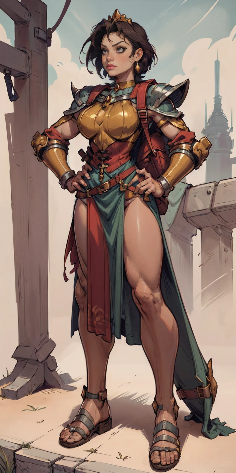 full body, whole body. 1solo (girl). slave fighter, loincloth standing, hands on hips full body, whole body. 1solo (girl). slave fighter, loincloth standing, hands on hips, metal sandals, backpack, choker, big belt, view from below, feet together, bracers, tiara