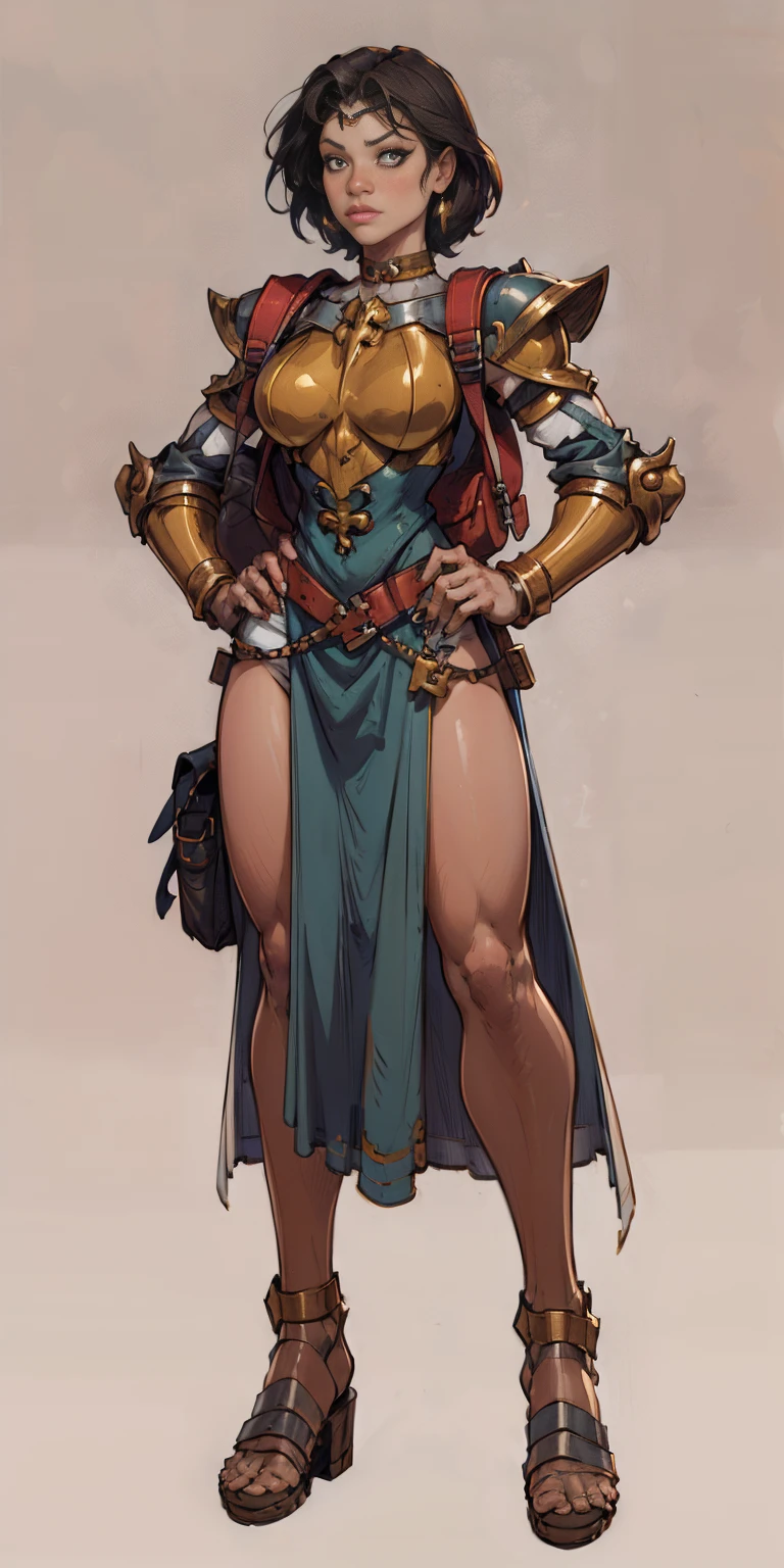 full body, whole body. 1solo (girl). slave fighter, loincloth standing, hands on hips full body, whole body. 1solo (girl). slave fighter, loincloth standing, hands on hips, metal sandals, backpack, choker, big belt, view from below, feet together, bracers, tiara