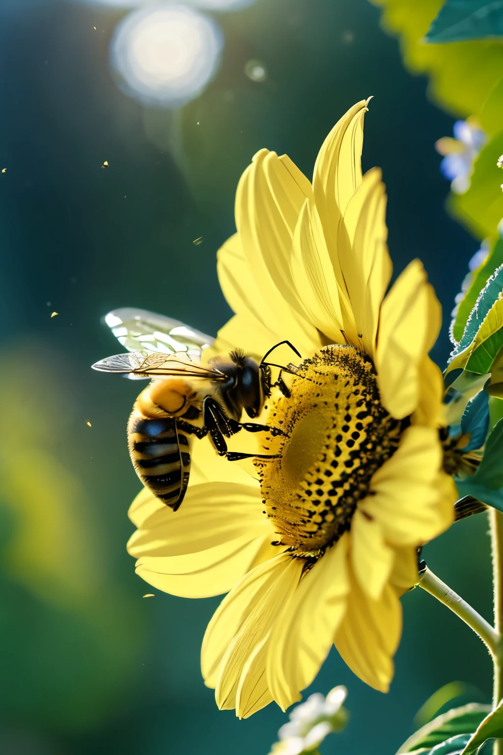 Create a detailed photo of a bee pollinating, gently landing on a flower. The lighting should be provided by sunlight, highlighting the natural beauty of the scene. The background should be blurred, emphasizing the bee and the flower, and creating a soft, pleasing depth effect.