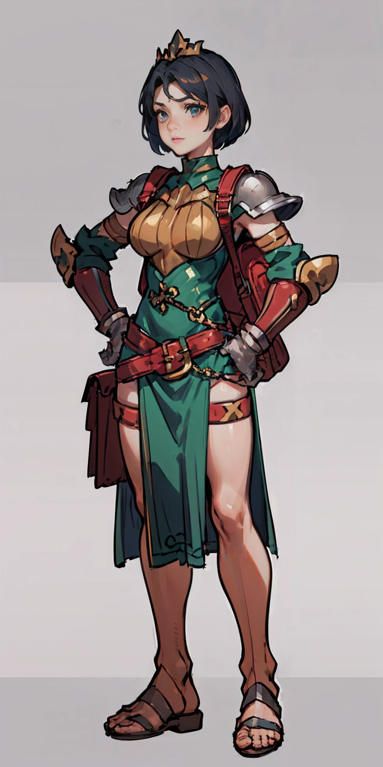 hands on sides, (masterpiece), ultra-detailed, 1girl, detailed eyes, medium breasts, gray background, (full body), green eyes, gray background, full plate armor, confident smile, staring at the viewer, blond hair in a ponytail, standing