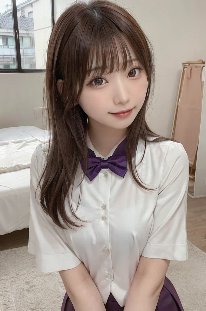 Iris, woman1名, (woman)), alone, Genuine, highest quality, photoGenuineistic, masterpiece, 8k, High Definition, alone, High Definitionの顔, Soft lighting, Bedroom, ((Daytime)), null, (looking at the camera), (Portraiture: 0.6), whole body, (Medium Hair), ponytail, Brown Hair, Floating Hair, lips, lipstick, seductive smile, Floating Hair, smile, Open your mouth, teeth, eyelash, Nogizaka46, Moeka Tada, Akari Suda, Idol, beautiful girl, ((uniform)), (((Are standing))