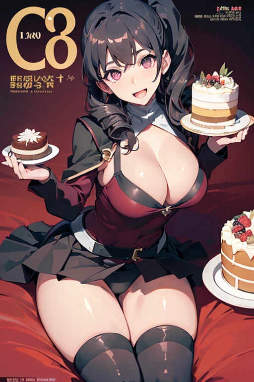 1 girl, small nose, very beautiful detailed face and eyes, bright colors, cute face, delicate beautiful face, Bright magenta eyes, cute eyes, sparkling eyes, Big eyes, (big breasts:1.3), (perky chest:1.1), (pointed chest:1.0), (cake magazine cover:1.3),highest quality, WorKs of masters, High resolution,BlacK color hair,shiny hair, side ponytail,hair between eyes,bangs, (black jacket, real clothes, cleavage, black skirts, black thighhighs, thigh strap, fingerless gloves, single glove:1.2) , spread legs, panties shot, medium hips, glamorous body, white skin, smile, thin pubric hair, super beautiful face, Super beautiful eyes, Super beautiful hair,trendy outfit,sexy and attractive,full body esbian, Real World, Natural light,perfect Natural light,(with sparkling eyes and a contagious smile), This masterpiece is not only visually stunning but also tells, make of cake cooking , in the kitchen, open mouth, looking at viewer,