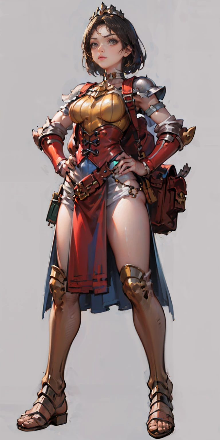 full body, whole body. 1solo (girl). slave fighter, loincloth standing, hands on hips full body, whole body. 1solo (girl). slave fighter, loincloth standing, hands on hips, metal sandals, backpack, choker, big belt, view from below, feet together, bracers, tiara