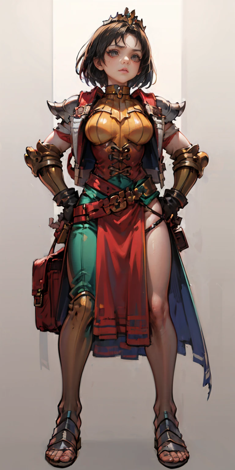 full body, whole body. 1solo (girl). slave fighter, loincloth standing, hands on hips full body, whole body. 1solo (girl). slave fighter, loincloth standing, hands on hips, metal sandals, backpack, choker, big belt, view from below, feet together, bracers, tiara