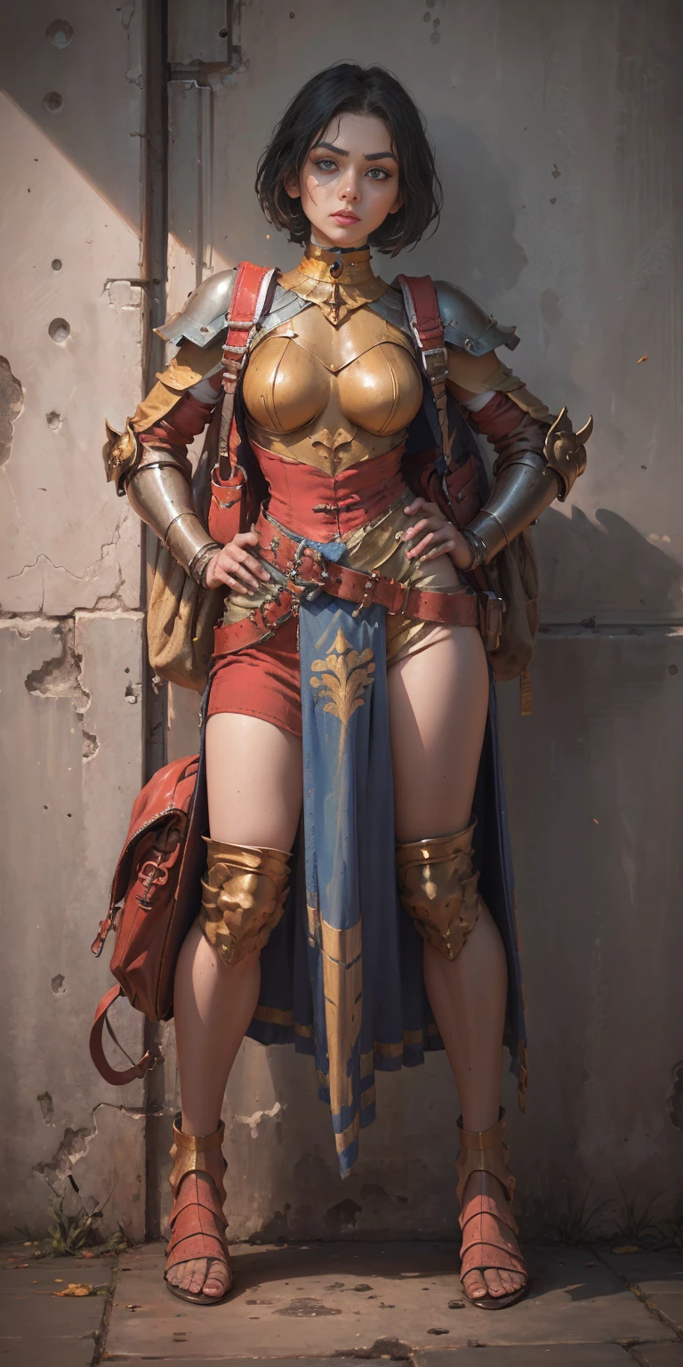 full body, whole body. 1solo (girl). slave fighter, loincloth standing, hands on hips full body, whole body. 1solo (girl). slave fighter, loincloth standing, hands on hips, metal sandals, backpack, choker, big belt, view from below, feet together, bracers, tiara