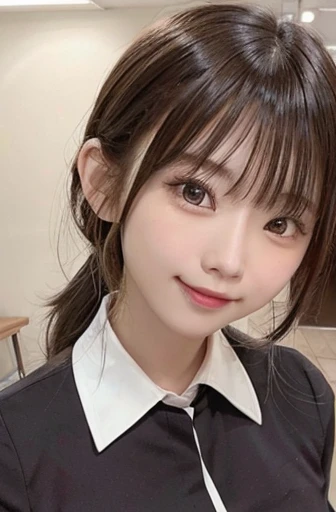 Iris, woman1名, (woman)), alone, Genuine, highest quality, photoGenuineistic, masterpiece, 8k, High Definition, alone, High Definitionの顔, Soft lighting, Bedroom, ((Daytime)), null, (looking at the camera), (Portraiture: 0.6), whole body, (Medium Hair), ponytail, Brown Hair, Floating Hair, lips, lipstick, seductive smile, Floating Hair, smile, Open your mouth, teeth, eyelash, Nogizaka46, Moeka Tada, Akari Suda, Idol, beautiful girl, ((uniform)), (((Are standing))