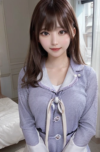 Iris, woman1名, (woman)), alone, Genuine, highest quality, photoGenuineistic, masterpiece, 8k, High Definition, alone, High Definitionの顔, Soft lighting, Bedroom, ((Daytime)), null, (looking at the camera), (Portraiture: 0.6), whole body, (Medium Hair), ponytail, Brown Hair, Floating Hair, lips, lipstick, seductive smile, Floating Hair, smile, Open your mouth, teeth, eyelash, Nogizaka46, Moeka Tada, Akari Suda, Idol, beautiful girl, ((uniform)), (((Are standing))