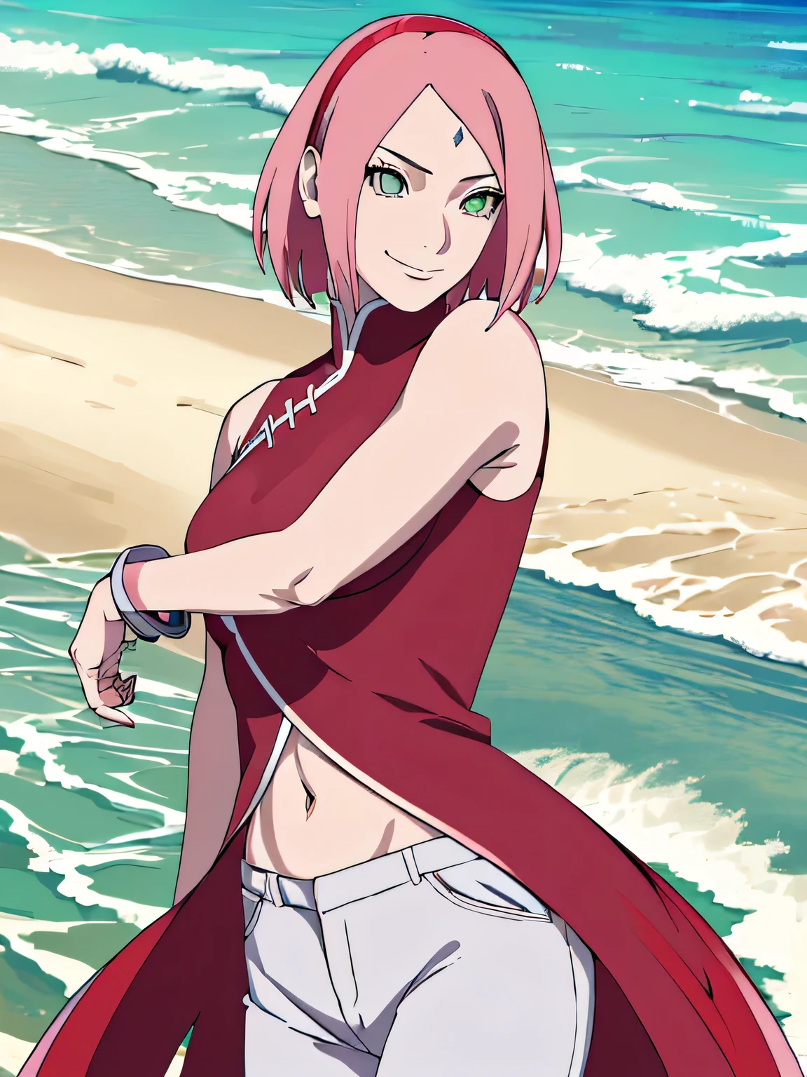 (masterpiece, 1k, anime style, hand drawing, vector coloring, portrait, face shot, professional artwork, detailed beach background, intricate details, colorful, bold drawing lines), (ultra detailed body, ultra detail hair, ultra detail face, attractive, seductive), trending on pixiv, kind smile, very hot color, best quality, 1girl, hires, haruno sakura, contrasty lighting, (forehead mark, milf, red hairband, pale skin, short hair, ((red sleeveless dress), white pants), navel, groin, bracelet, looking at viewer, crossed arms, pink hair, green eyes, smile, beach, wind, floating hair, detailed arms, off-shoulders, muscular arms, standing), sunnyday