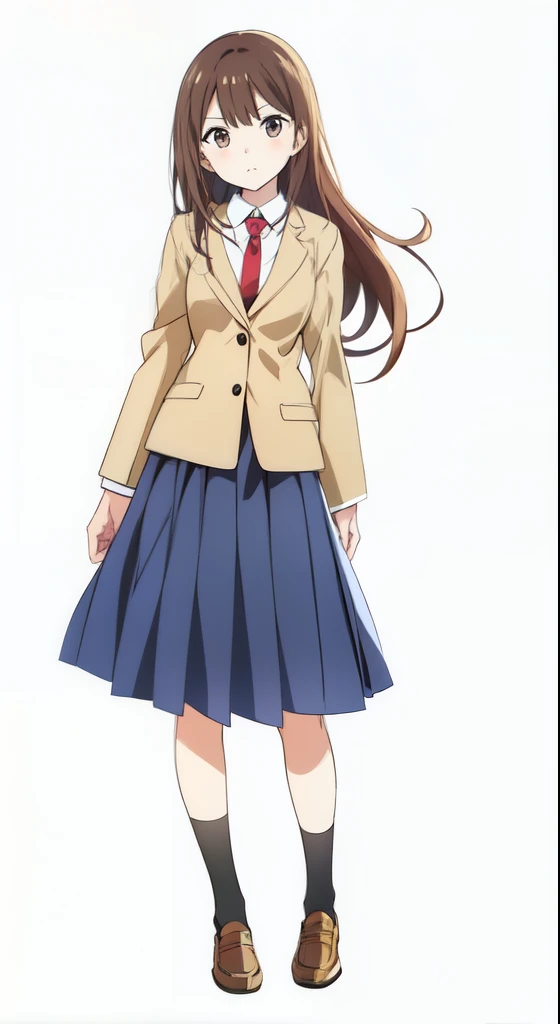 (white background:1.0), (best quality:1.0), (masterpiece:1.0), (super fine illustration:1.0), (beautiful artwork:1.0), (anime screencap:1.0), (official art:1.0), (full body:1.0), (solo:1.0), (HSGα:1.0), (a 16yo cute girl:1.0), (long skirt:1.1), (dark blue skirt:1.0), (pleated skirt:1.0), (school uniform beige blazer:1.0), (red necktie:1.0), (loafers:1.0), (black socks:1.0), (ideal ratio body proportions:1.1), (lanky:1.1), (tall:1.1), (slender:1.1), (small breasts:1.1), (smaller face:1.1), (tareme:1.1), (detailed beautiful eyes:1.0), (detailed beautiful face:1.0), (glowing black eyes:1.0), (long hair:1.0), (brown hair:1.0), (standing:1.0), (looking at viewer:1.0)