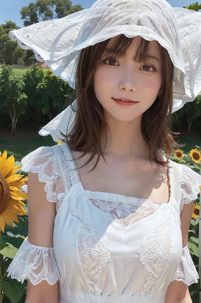 Send it,One girl,alone, (White lace dress:1.2),loose fitting dress (sun visor hat:1.2), Sunflower field, Under the sunlight, A light smile,View Viewer, Wind, dynamic, Strong light and shadow,dynamic pose,