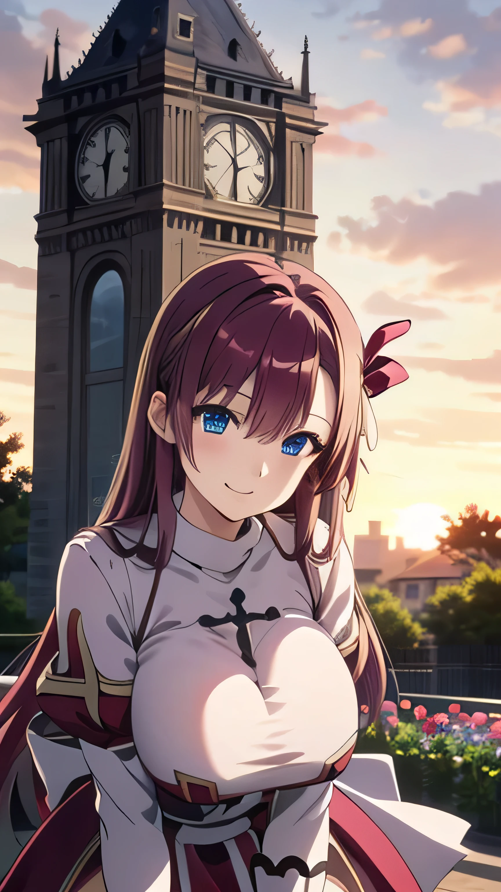 masterpiece, best quality, asuna ichinose, blue eyes, very long red hair, hair ribbon, solo, 1 girl, flower garden, outdoors, standing, cross, bow, grin, floating hair, looking at viewer, massive breasts, big breasts, clock tower, front view, leaning forward, upper body, cowboy shot, sunset,
