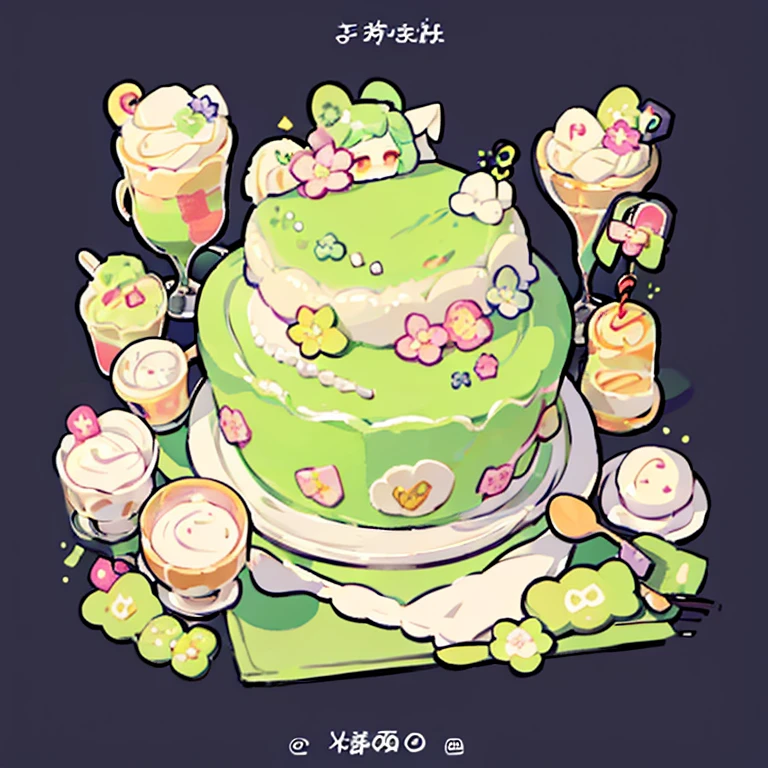 cute artstyle, cute color, cute design, cute icon, matcha shortcake, matcha cake, matcha , matcha cakes , many cakes , food menu list