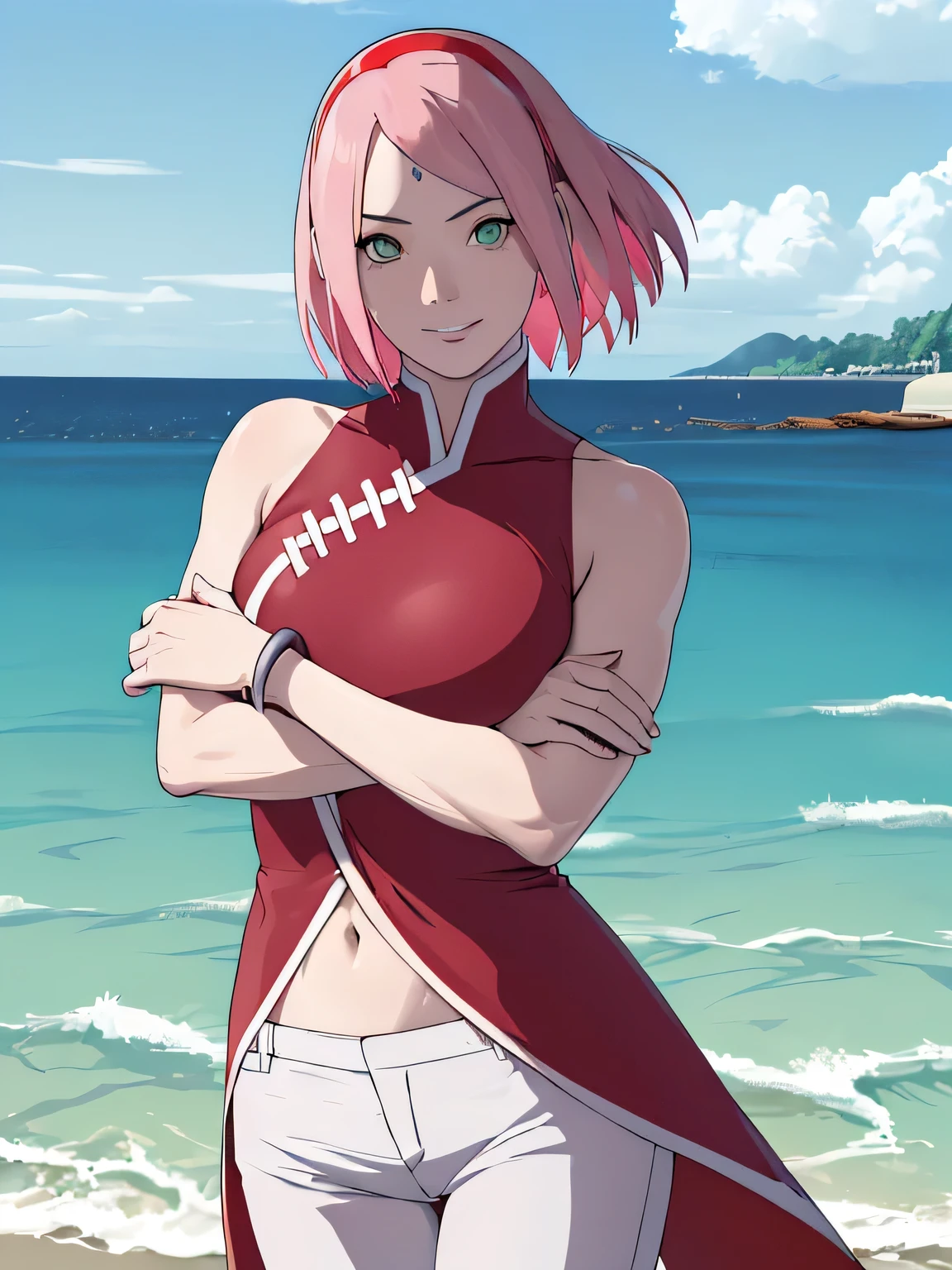 (masterpiece, 1k, anime style, hand drawing, vector coloring, portrait, face shot, professional artwork, detailed beach background, intricate details, colorful, bold drawing lines), (ultra detailed body, ultra detail hair, ultra detail face, attractive, seductive), trending on pixiv, kind smile, very hot color, best quality, 1girl, hires, haruno sakura, contrasty lighting, (forehead mark, milf, red hairband, pale skin, short hair, ((red sleeveless dress), white pants), navel, groin, bracelet, looking at viewer, crossed arms, pink hair, green eyes, smile, beach, wind, floating hair, detailed arms, off-shoulders, muscular arms, standing), sunnyday