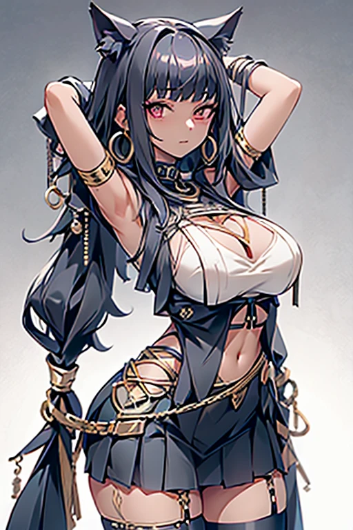 25 year old human girl with Mediterranean features, very long black hair, has super gigantic breasts, slim body, torn blouse that can't contain her breasts, black pleated miniskirt, has a slave collar, a man behind her groping , each breast is tied with ropes, she is standing between two poles with her arms outstretched and tied to the poles that are on her hips in a prison, she has a proud look