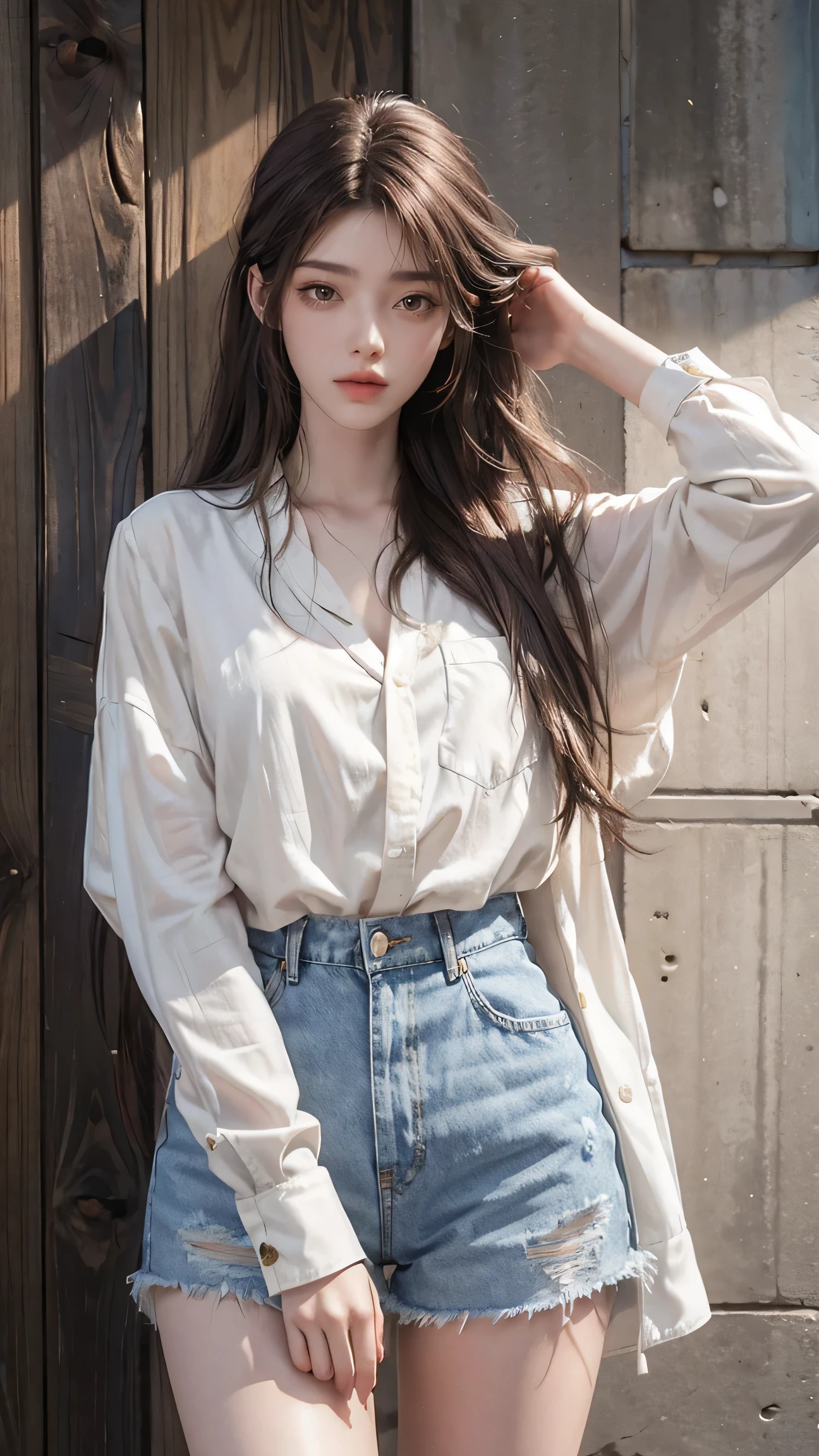 realistic, high resolution, 1 girl, long hair, korean,, loose white shirt, skinny denim shorts,, thighs, panties visible,