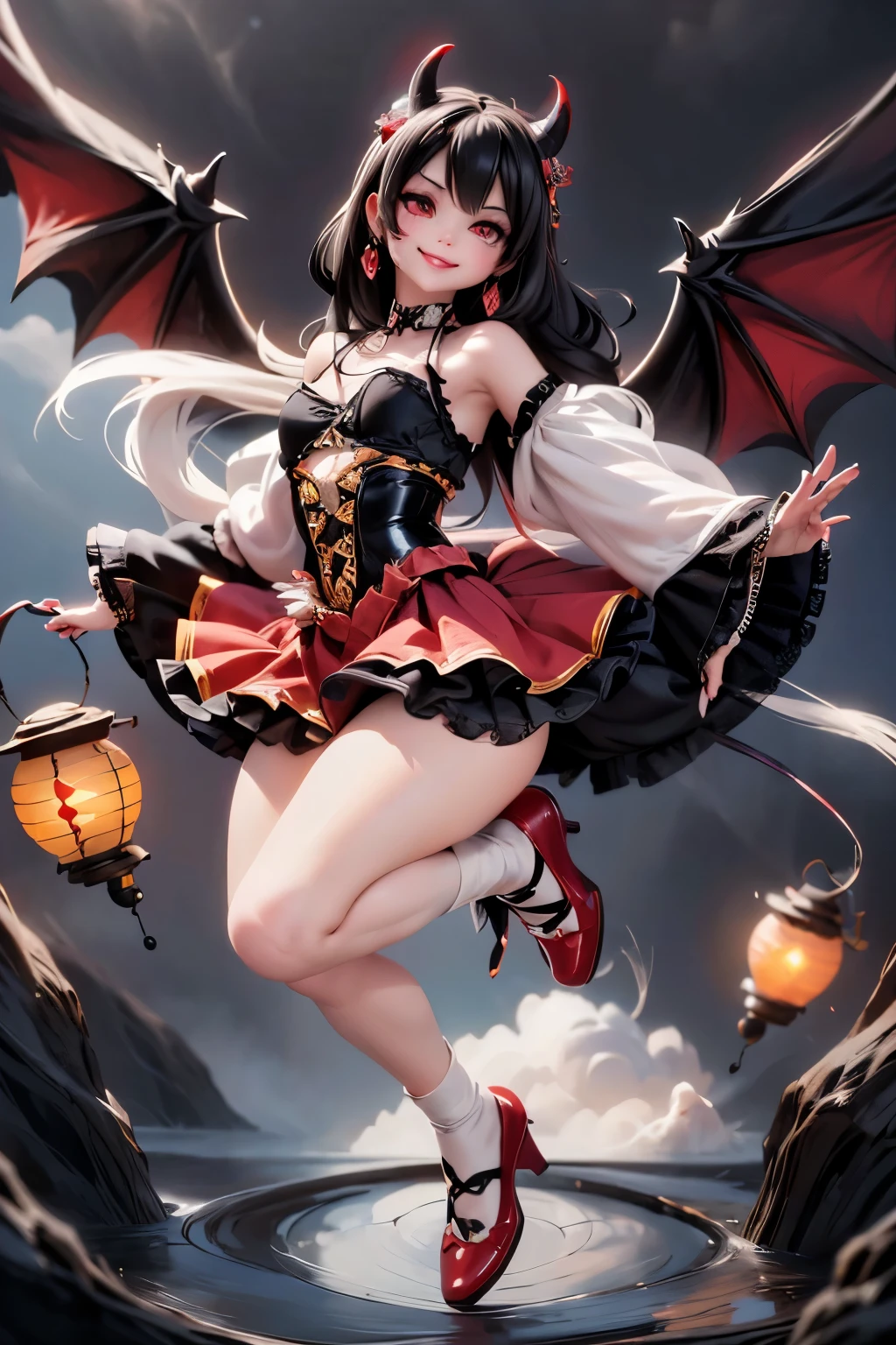 a Senorita Bonita horned demon smiling, black feathered wings, large black hair, big earrings, (red smokey eyes makeup), (red eyeshadow makeup), strapless lace cloth (crop) shirt, puffy bubble skirt, white large socks, black (pumps), ((dramatic floating pose)), hand to the front, joyful pose, (dynamic angle), magical glowing chasm garden at night, fantasy creepy workd, face heart tattoo, hair and clothing moving with the wind, magical lanterns floating all around, sfw