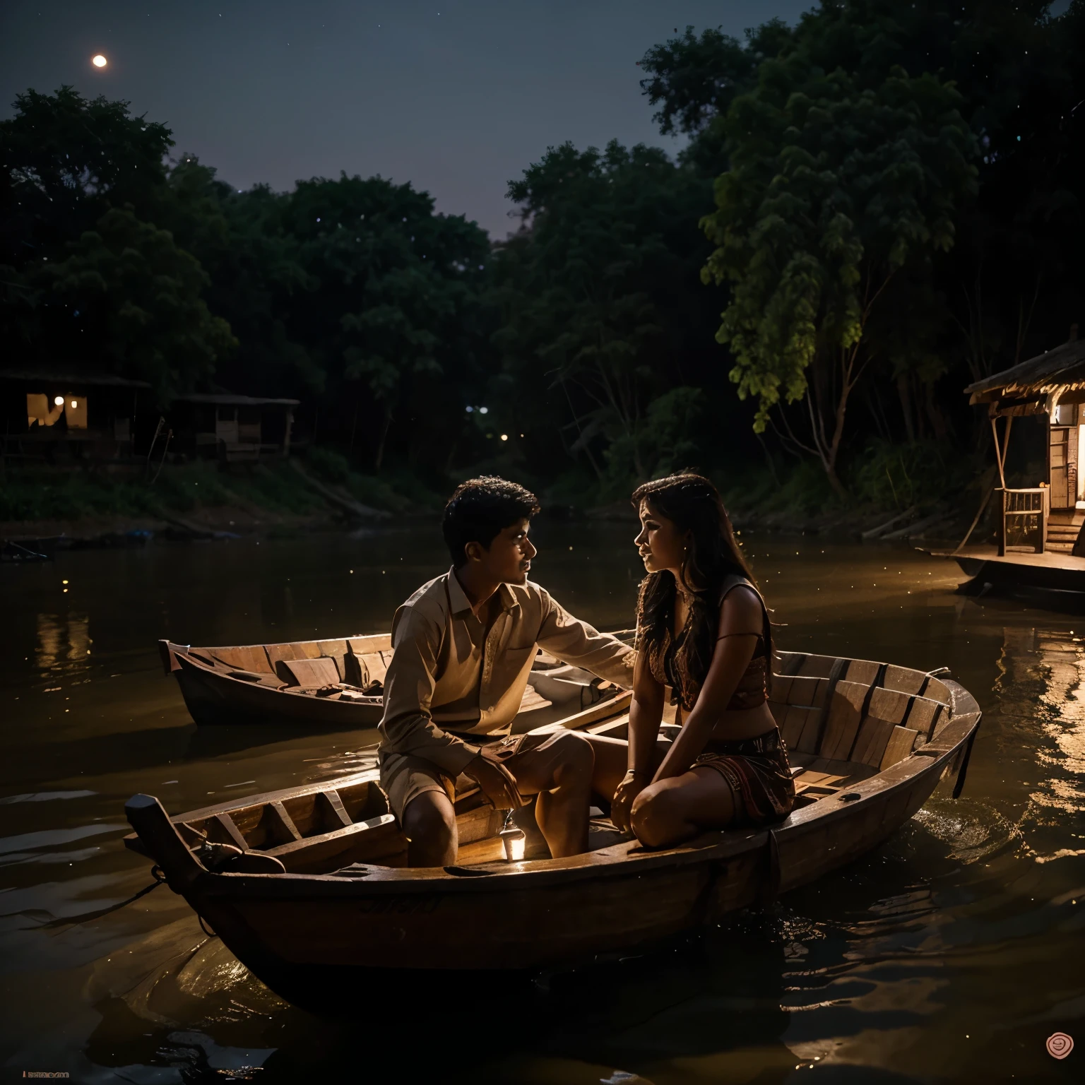 Indian boy and girl talking each other on boat in village river at night