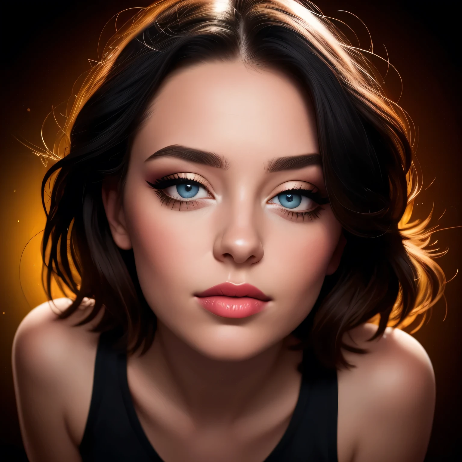 (best quality,4k,8k,highres,masterpiece:1.2),ultra-detailed,(realistic,photorealistic,photo-realistic:1.37),sultry,stunning woman,captivating gaze,flawless makeup,childhood best friend,glow up,black tank top,black short shorts,alluring figure,thick thighs,wide hips,provocative aura,portrait,beautiful detailed eyes,beautiful detailed lips,extremely detailed eyes and face,longeyelashes,medium:illustration,realistic painting,high fashion,professional,studio lighting,vivid colors,warm color tone,dimmed lighting