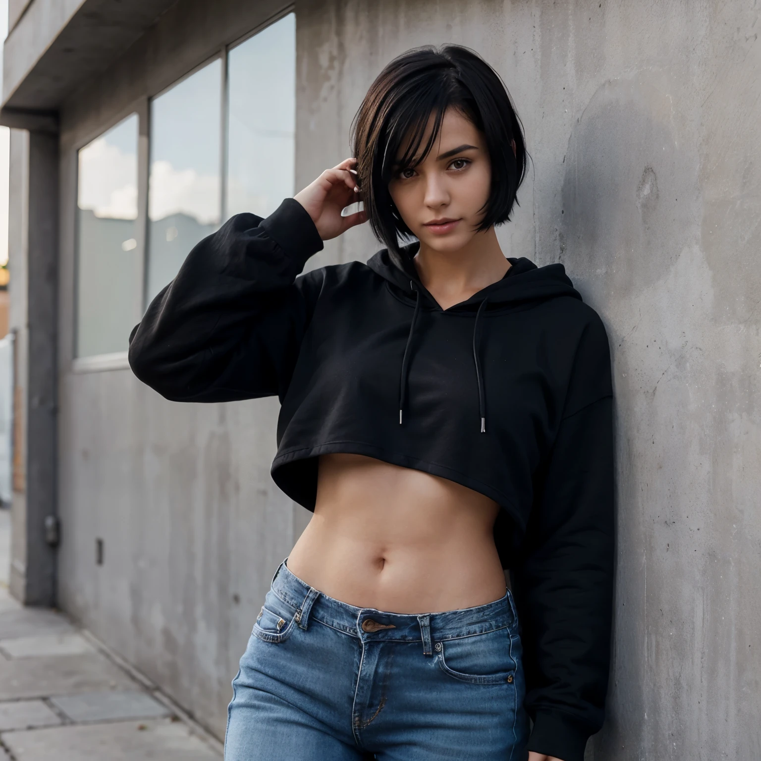 Realistic of a girl with flat breasts with short black hair wearing a black hoodie and jeans