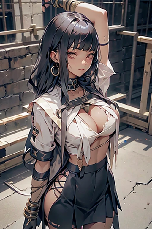 25 year old human girl with Mediterranean features, very long black hair, has super gigantic breasts, slim body, torn blouse that can't contain her breasts, black pleated miniskirt, has a slave collar, a man behind her groping , each breast is tied with ropes, she is standing between two poles with her arms outstretched and tied to the poles that are on her hips in a prison, she has a proud look