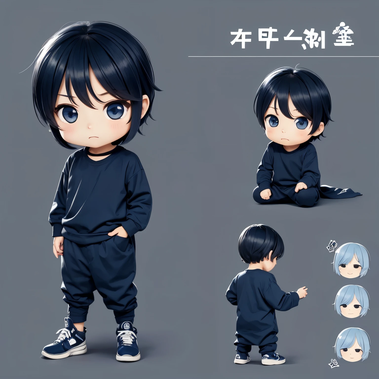 make character, chibi type, cloth long sleeve,short dark blue ,face expression sleepy like cartoon style