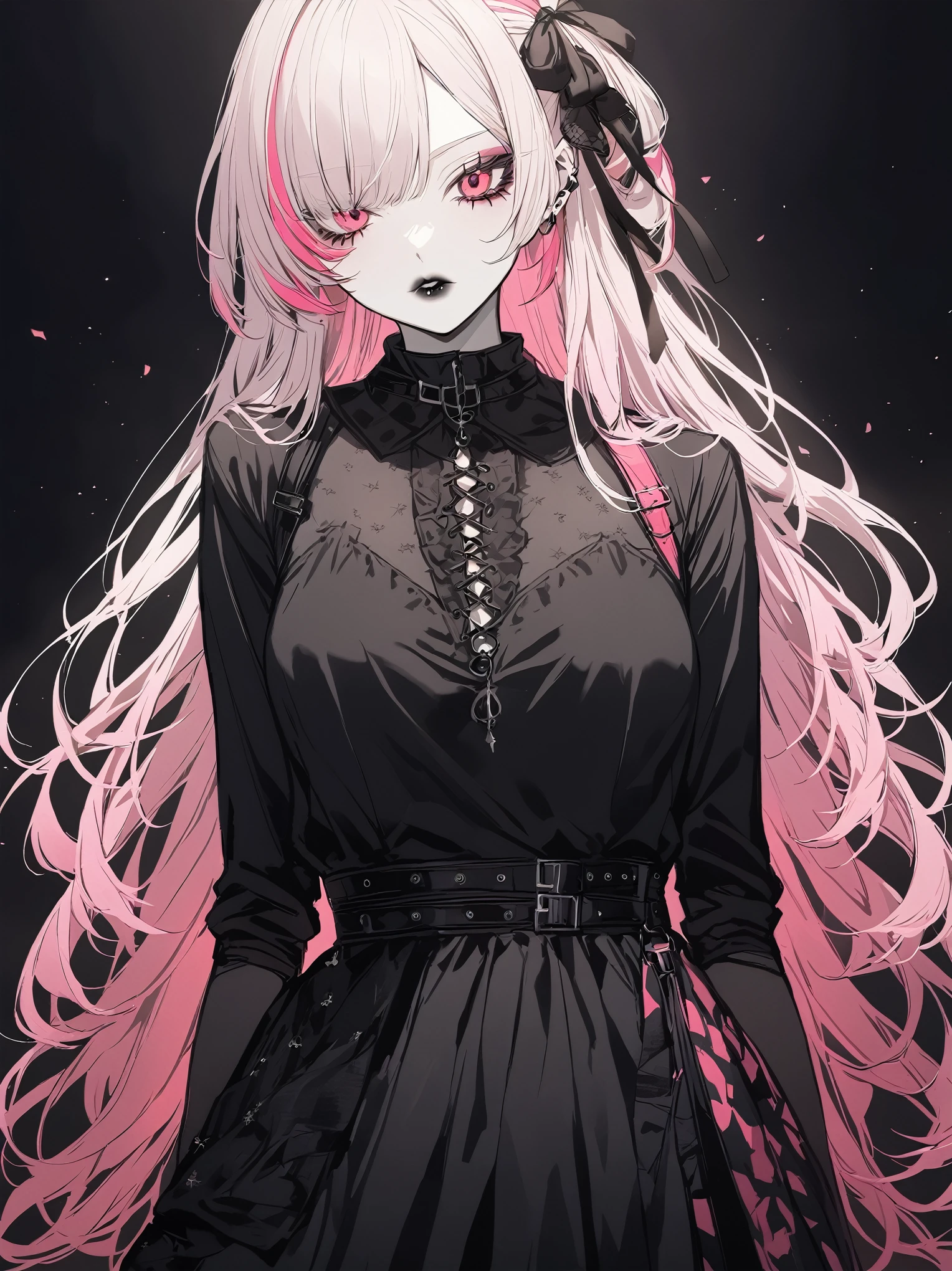 Young woman, Pink hair, dark makeup, black lips, Black clothes
