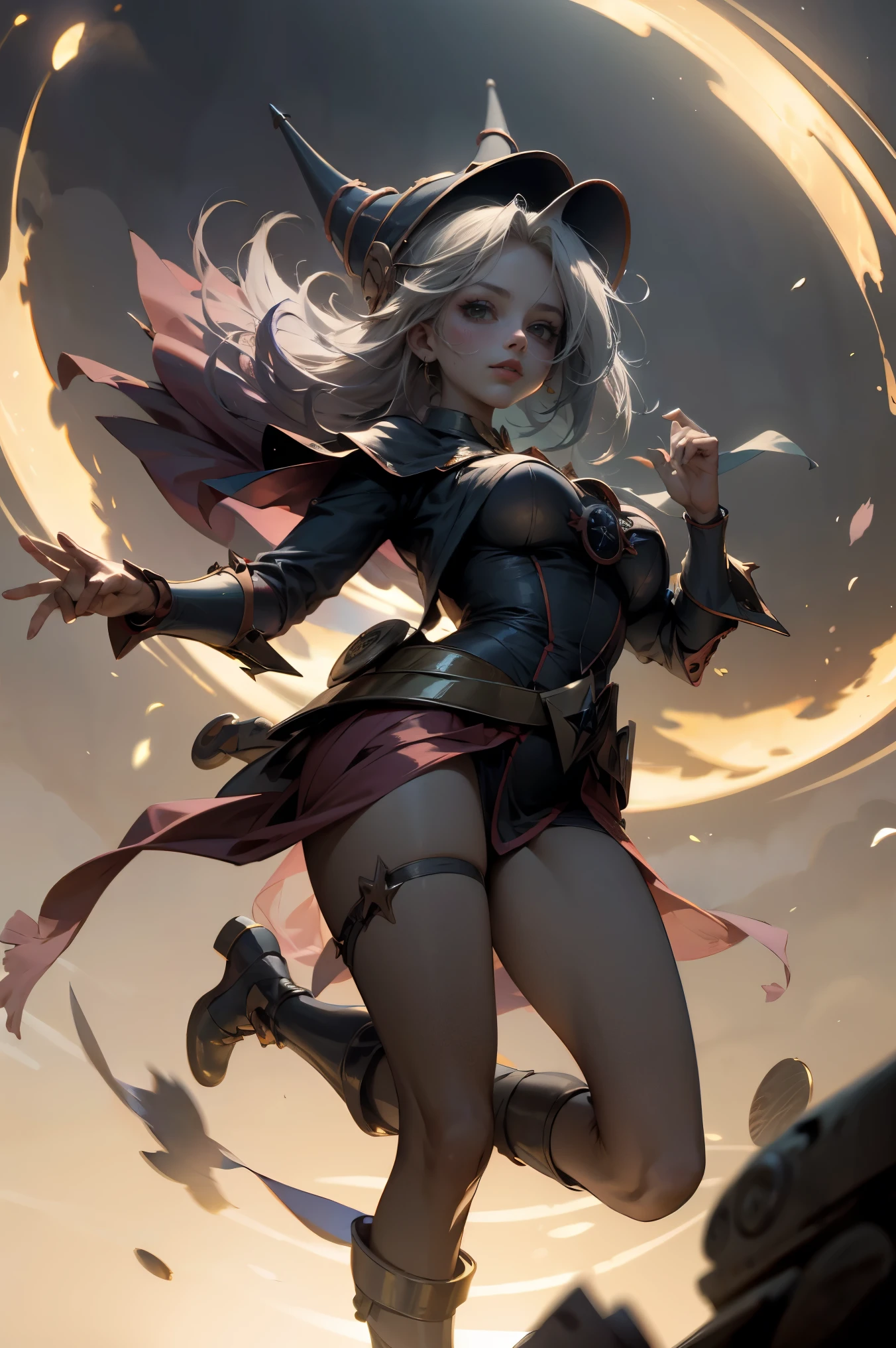 (Obra maestra:1.2), (La mejor calidad:1.2), perfect lighting, Chica Maga Oscura lanzando un hechizo, flotando en el aire, tetas grandes, escote, fondo de magia. Corazones transparente en el hambiente, bata azul, sombrero grande, desde arriba, Destellos, Yugioh Card en el fondo. En tacones.