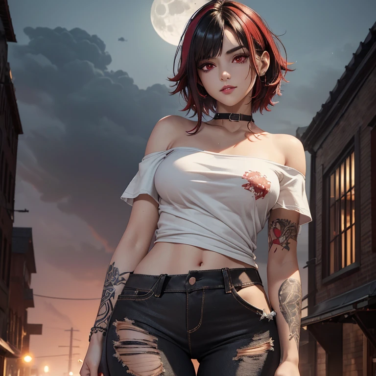 Masterpiece, best quality, 8K Wallpaper, HDR, octane rendering, ultra-accurate representation. An 18-year-old girl in an off-shoulder t-shirt, (ripped pants: 1.3), moonlit night street, sky, trembling clouds, detailed scenery. The girl returns, soft lips, dark lipstick, slender smile, smoky eyes, ear piercing, (short messy hair with long strands, black hair with red highlights, hair color: 1.4), (body covered in tattoos, glow skin: 1.2), (beautiful detailed red eyes), visible and realistic features, (perfect anatomically shaped skin, correct and perfect texture, high quality), (beautiful and detailed face with perfect symmetry), cinematic lighting, vivid colors , Field depth.