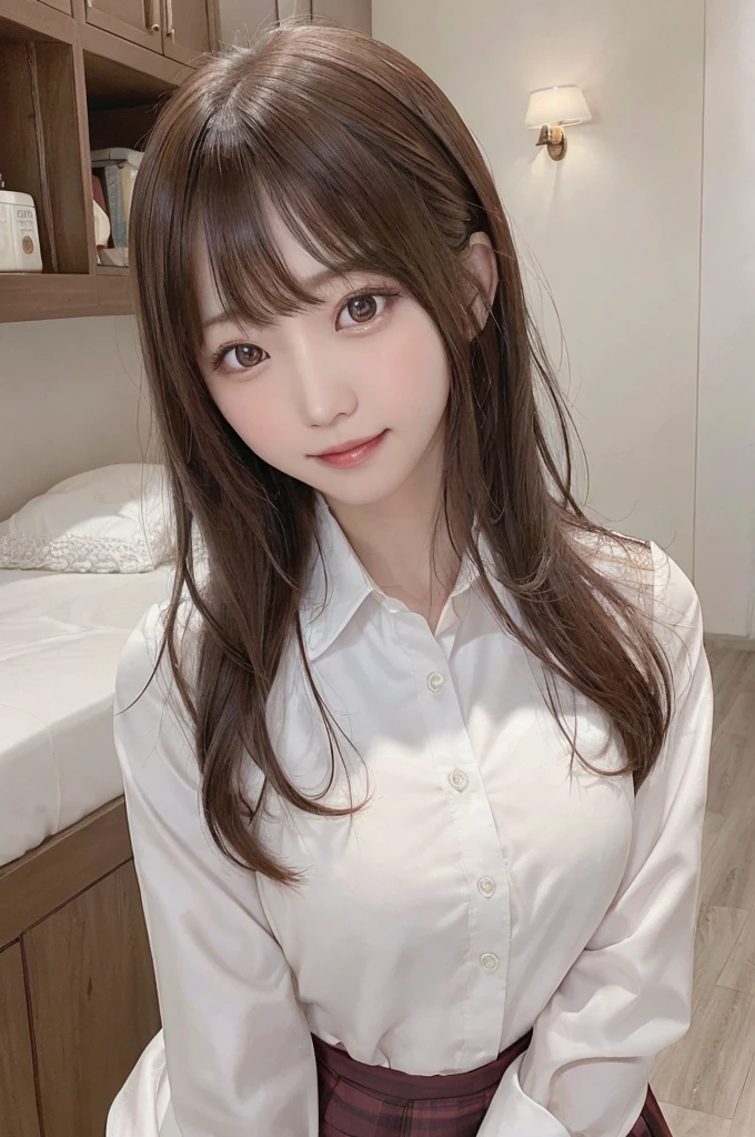 Iris, woman1名, (woman)), alone, Genuine, highest quality, photoGenuineistic, masterpiece, 8k, High Definition, alone, High Definitionの顔, Soft lighting, Bedroom, ((Daytime)), null, (looking at the camera), (Portraiture: 0.6), whole body, (Medium Hair), ponytail, Brown Hair, Floating Hair, lips, lipstick, seductive smile, Floating Hair, smile, Open your mouth, teeth, eyelash, Nogizaka46, Moeka Tada, Akari Suda, Idol, beautiful girl, ((uniform)), (((Are standing))