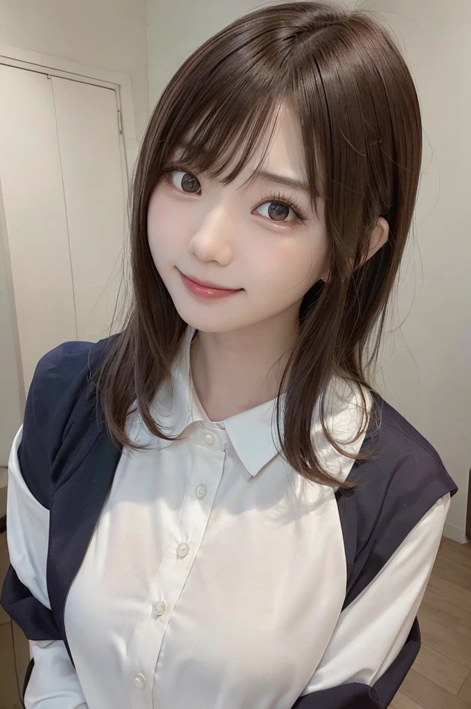 Iris, woman1名, (woman)), alone, Genuine, highest quality, photoGenuineistic, masterpiece, 8k, High Definition, alone, High Definitionの顔, Soft lighting, Bedroom, ((Daytime)), null, (looking at the camera), (Portraiture: 0.6), whole body, (Medium Hair), ponytail, Brown Hair, Floating Hair, lips, lipstick, seductive smile, Floating Hair, smile, Open your mouth, teeth, eyelash, Nogizaka46, Moeka Tada, Akari Suda, Idol, beautiful girl, ((uniform)), (((Are standing))