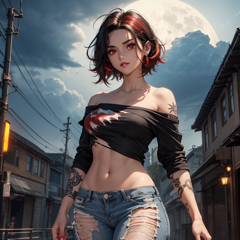 Masterpiece, best quality, 8K Wallpaper, HDR, octane rendering, ultra-accurate representation. An 18-year-old girl in an off-shoulder t-shirt, (ripped pants: 1.3), moonlit night street, sky, trembling clouds, detailed scenery. The girl returns, soft lips, dark lipstick, slender smile, smoky eyes, ear piercing, (short messy hair with long strands, black hair with red highlights, hair color: 1.4), (body covered in tattoos, glow skin: 1.2), (beautiful detailed red eyes), visible and realistic features, (perfect anatomically shaped skin, correct and perfect texture, high quality), (beautiful and detailed face with perfect symmetry), cinematic lighting, vivid colors , Field depth.