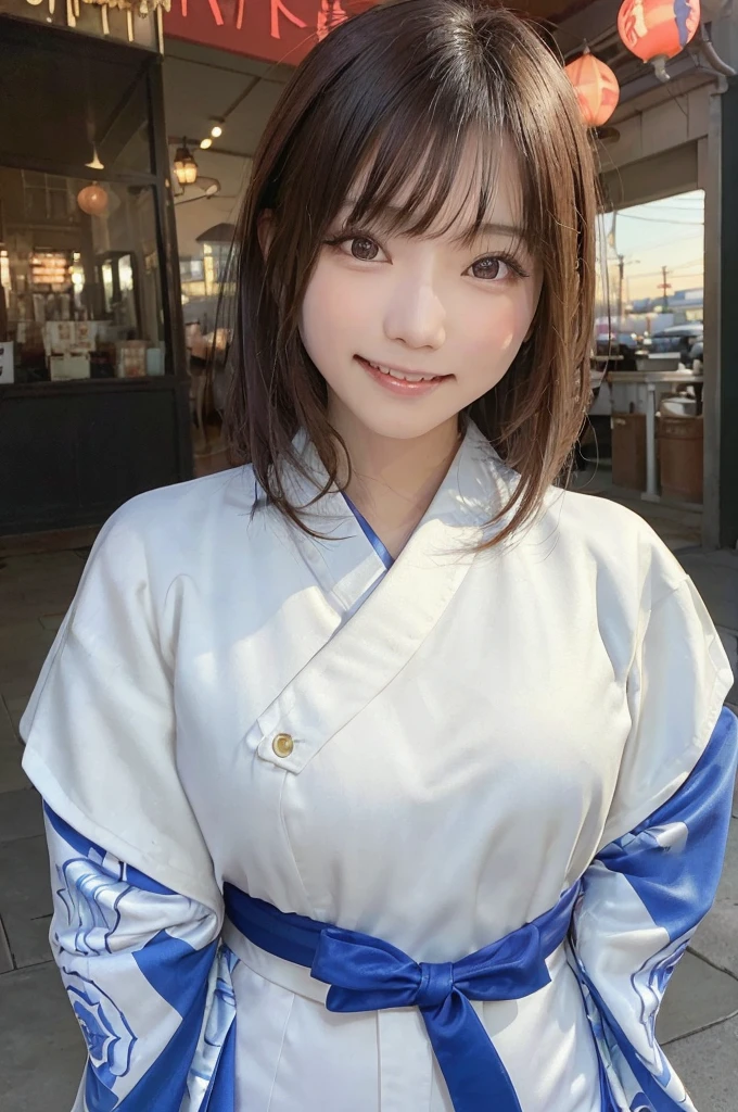 (((highest quality, 8k, masterpiece))), Sharp focus, (Beautiful woman with perfect figure), thin, (Hairstyle: superior)), ((kimono: Cane)), street: 1.2 非常に詳細な顔と肌の質感 詳細な目 double eyelid ランダムな姿勢, (smile),ssuperiorer cute Japan person,ssuperiorer beauty Japanese girl, Realistic Face, double eyelid,smile,Summer festival , At sunset ,Fireworks Background.