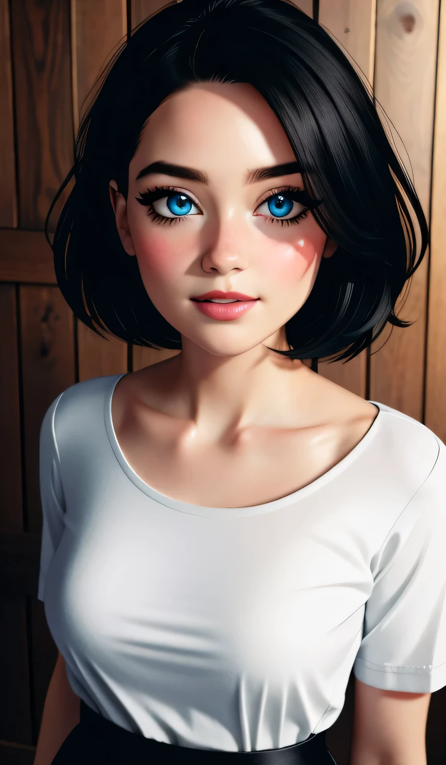(best quality,4k,8k,highres,masterpiece:1.2),ultra-detailed,(realistic,photorealistic,photo-realistic:1.37),portraits,sexy,cute,woman,short black hair,bob style,beautiful face,plump face,seductive blue eyes,medium nose,deep pink blush,glossy red lips,smiling,long neck,visible collarbone,white t shirt,black graphics,shiny black pants,wooden wall,natural lighting,intimate moment
