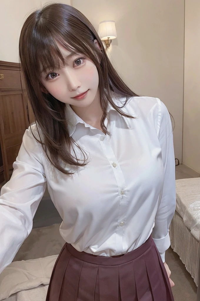 Iris, woman1名, (woman)), alone, Genuine, highest quality, photoGenuineistic, masterpiece, 8k, High Definition, alone, High Definitionの顔, Soft lighting, Bedroom, ((Daytime)), null, (looking at the camera), (Portraiture: 0.6), whole body, (Medium Hair), ponytail, Brown Hair, Floating Hair, lips, lipstick, seductive smile, Floating Hair, smile, Open your mouth, teeth, eyelash, Nogizaka46, Moeka Tada, Akari Suda, Idol, beautiful girl, ((uniform)), (((Are standing))