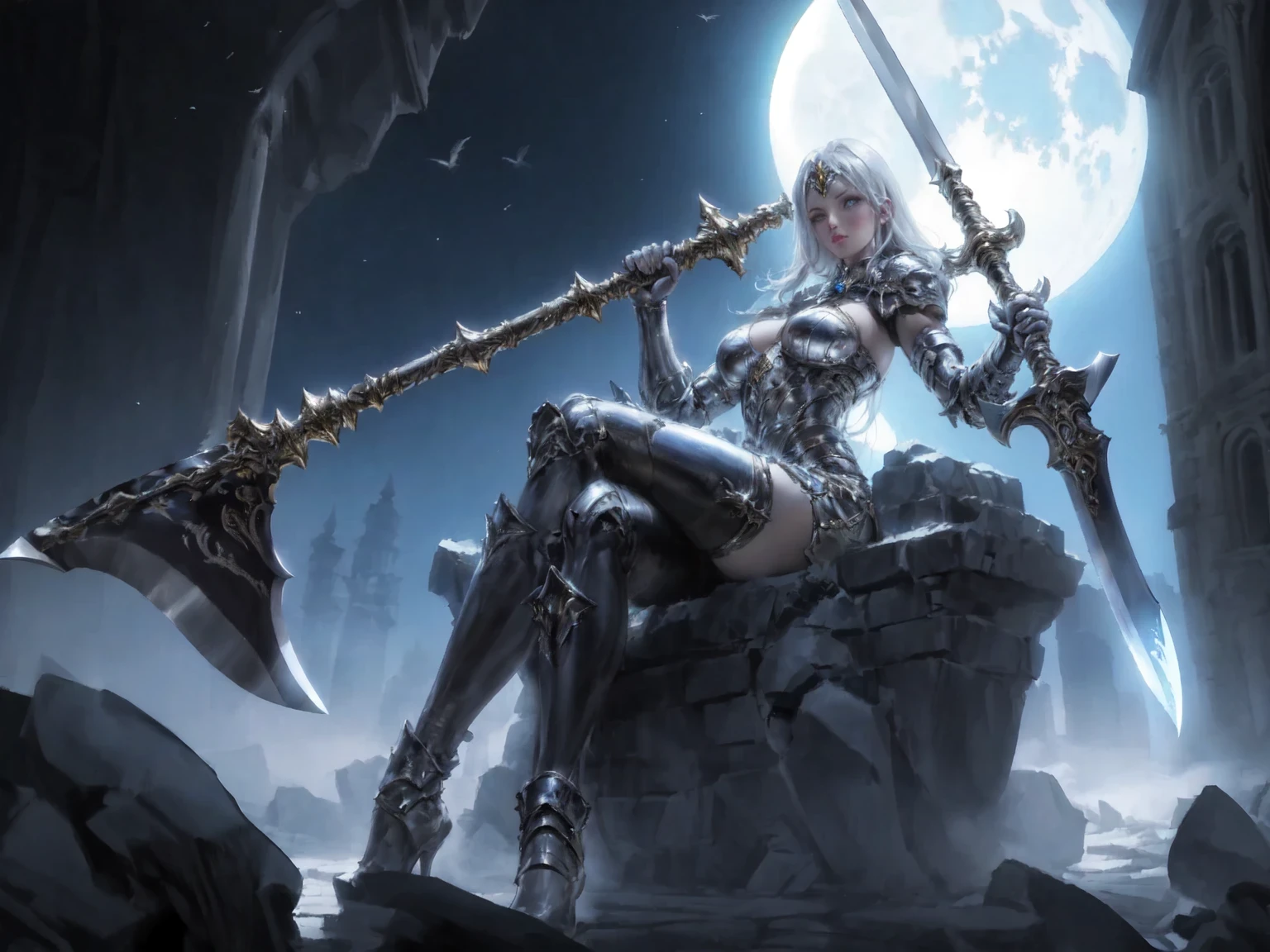 (Mechanicus, female tech priest:1),sit on the ground,beautiful full moon,sitting on the edge of the roof,(gorgeous long handle axe:1.5),silver white mechanical armor,sexy and mature figure,a bird's-eye view of the city,turn your back to the camera and look down,(holding a spear in hand:1.5),the bustling night view of the city,cyborg,