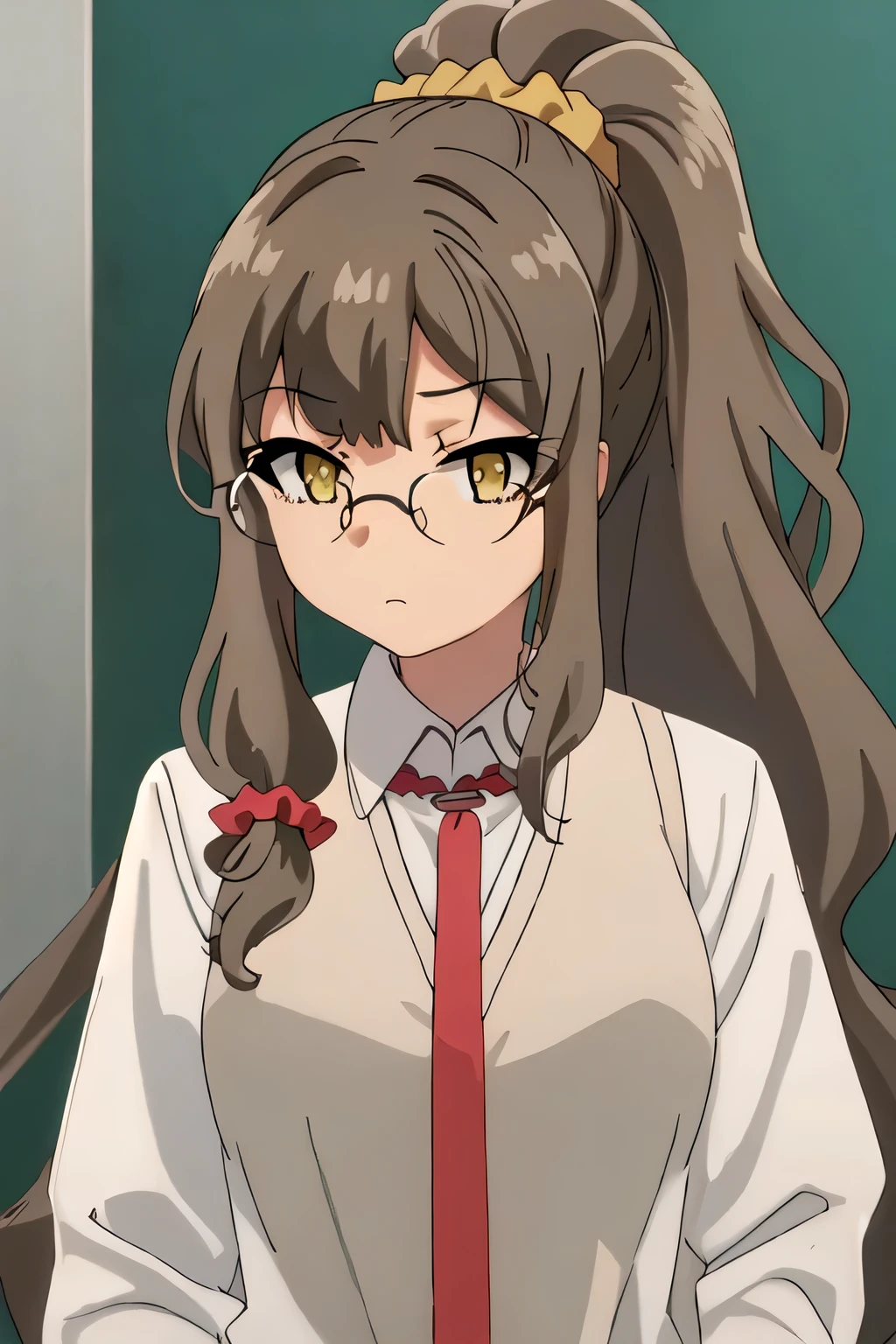 best quality, masterpiece, highres, solo, {futaba_rio_seishunbutayarou:1.15}, long_hair, brown_hair, brown_eyes, glasses, necktie, 1girl, hair_ornament, hair_scrunchie, ponytail, school_uniform, scrunchie, shirt, yellow_scrunchie, white_shirt, bangs, upper_body, collared_shirt, red_necktie, sidelocks, high_ponytail, closed_mouth, yellow_eyes