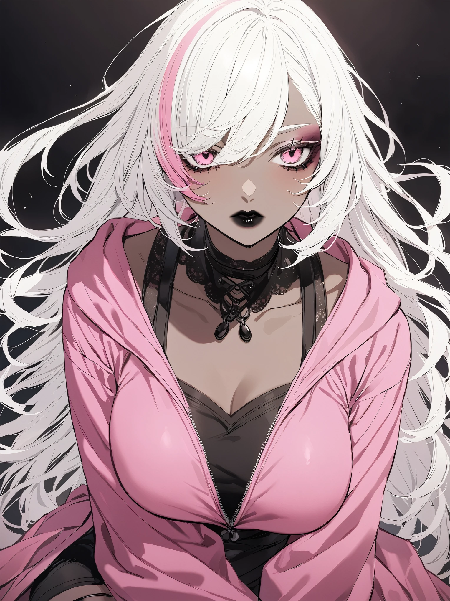 Young woman, dark skin, White hair, dark makeup, black lips, Pink clothes.
