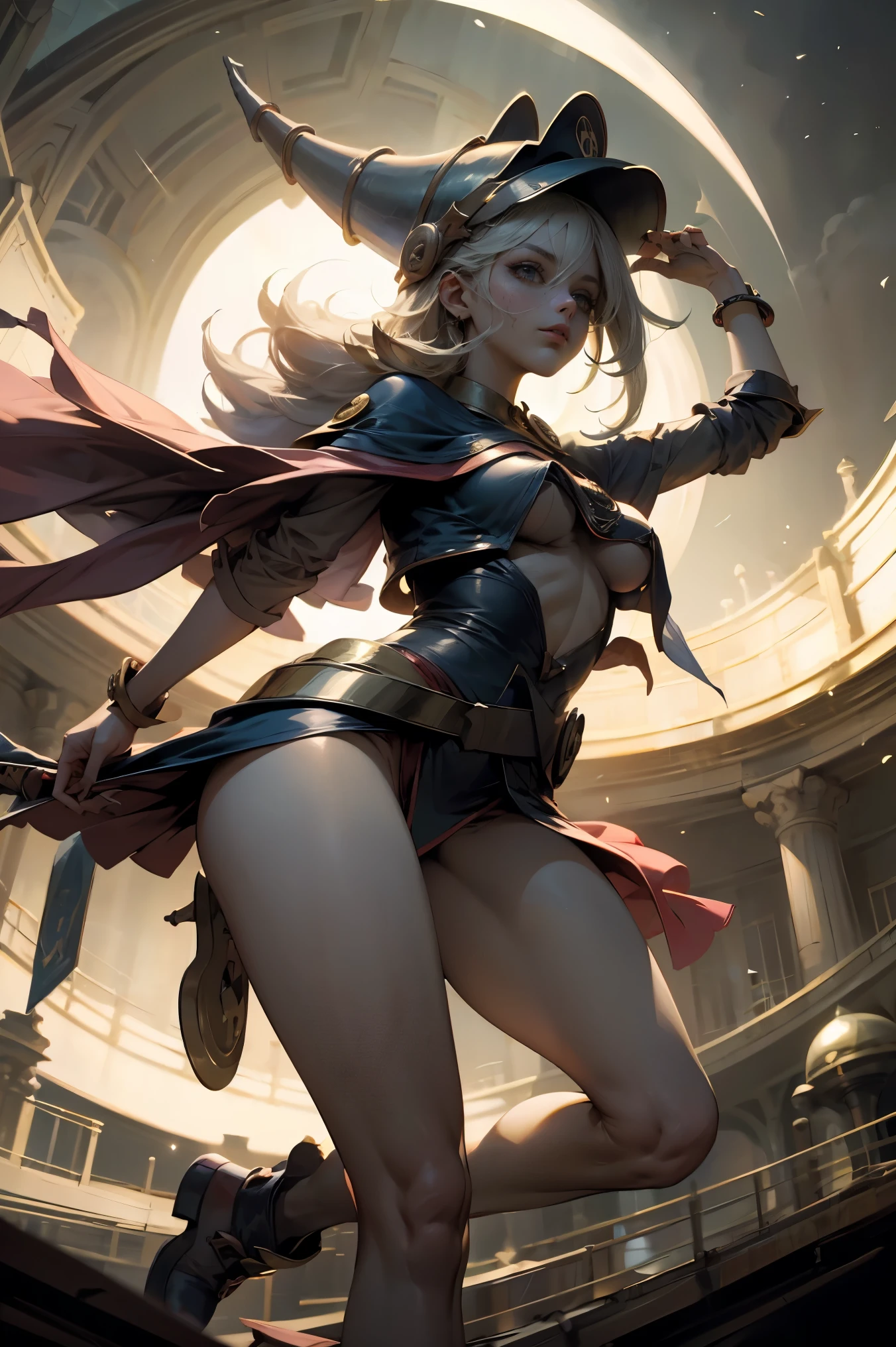 (Obra maestra:1.2), (La mejor calidad:1.2), perfect lighting, Chica Maga Oscura lanzando un hechizo, flotando en el aire, tetas grandes, escote, fondo de magia. Corazones transparente en el hambiente, bata azul, sombrero grande, desde arriba, Destellos, Yugioh Card en el fondo. En tacones.