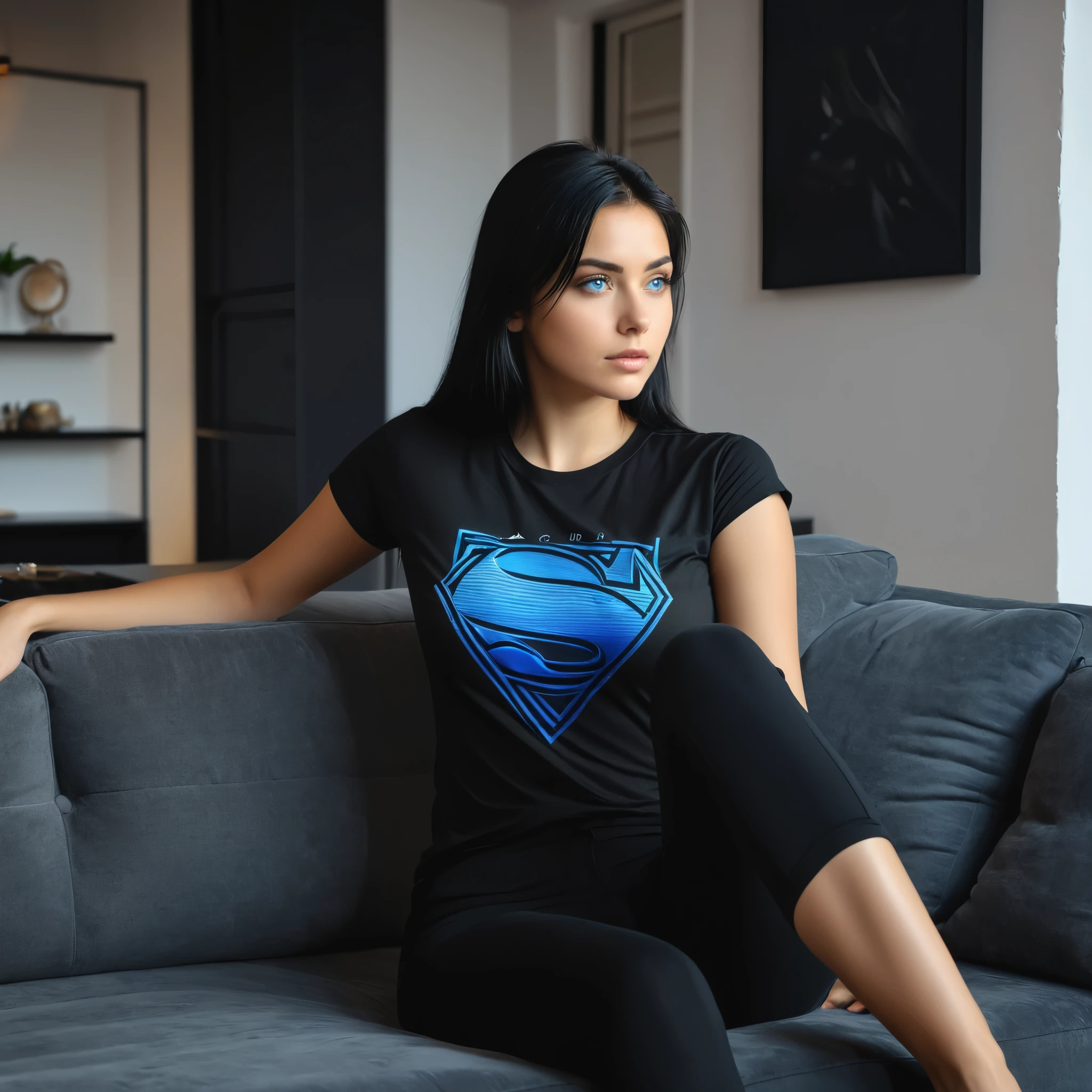 a young woman with black hair and blue eyes wearing a black t-shirt sitting on the couch in her apartment., backlighting, Realism, from side, masterpiece, UHD, ccurate, textured skin, high quality, best quality, highres, 4K, 8k