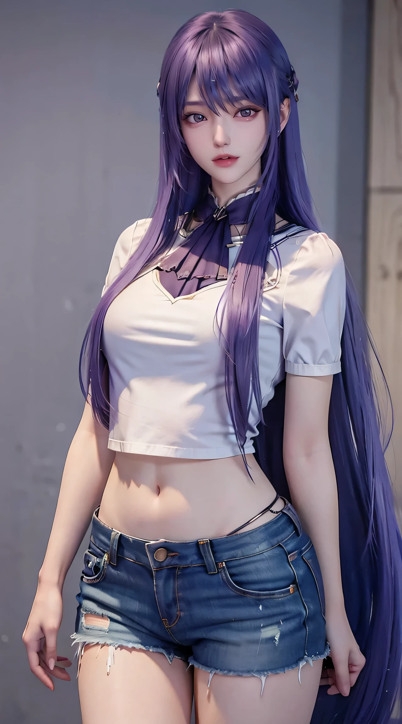 realistic, high resolution, 1 girl, long hair , purple hair, korean,, loose white shirt, skinny denim shorts,, thighs, panties visible,